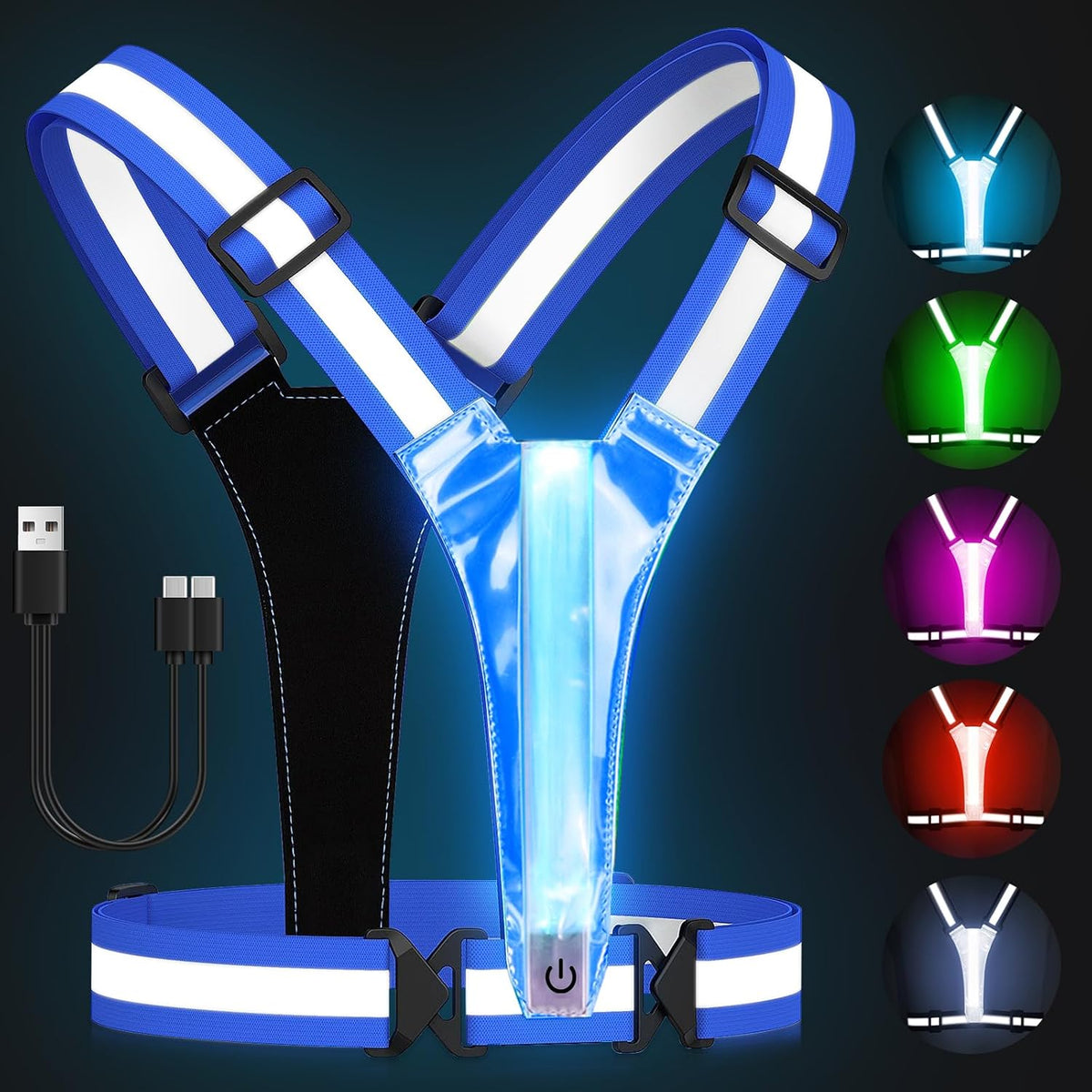 Zacro LED Reflective Vest Running Gear, 5 Lights Colors High Visibility Reflective Running Gear Rechargeable Light up Running Vest for Walking Running Cycling, Adjustable for Men Women Kids