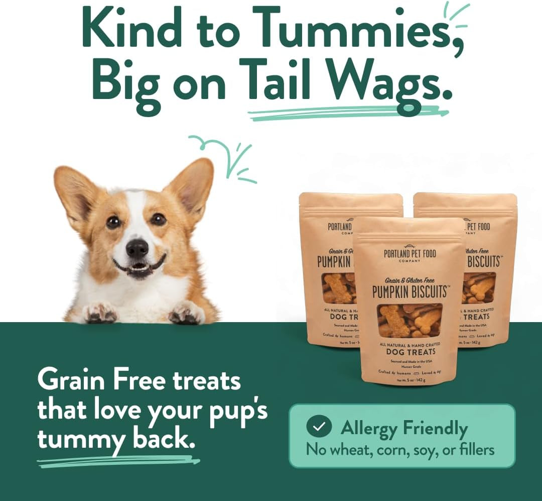 Portland Pet Food Company Pumpkin Dog Treats Healthy Biscuits for Small Medium & Large Dogs - Grain-Free, Human-Grade, All Natural Cookies, Snacks & Training Treats - Made in the USA - 3 Pack (5 Oz)