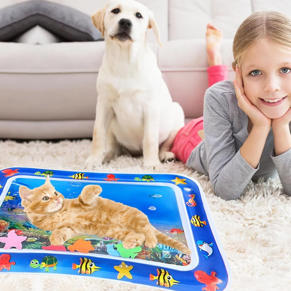 2 PCS Large Thickened Cat Water Sensory Play Mat, Anti-Scratch Leak Proof Cooling Pad with Floating Fish Toy, Cat Water Mat Interactive Hunting Exercise for Indoor Cats, Summer Pet Play Mat