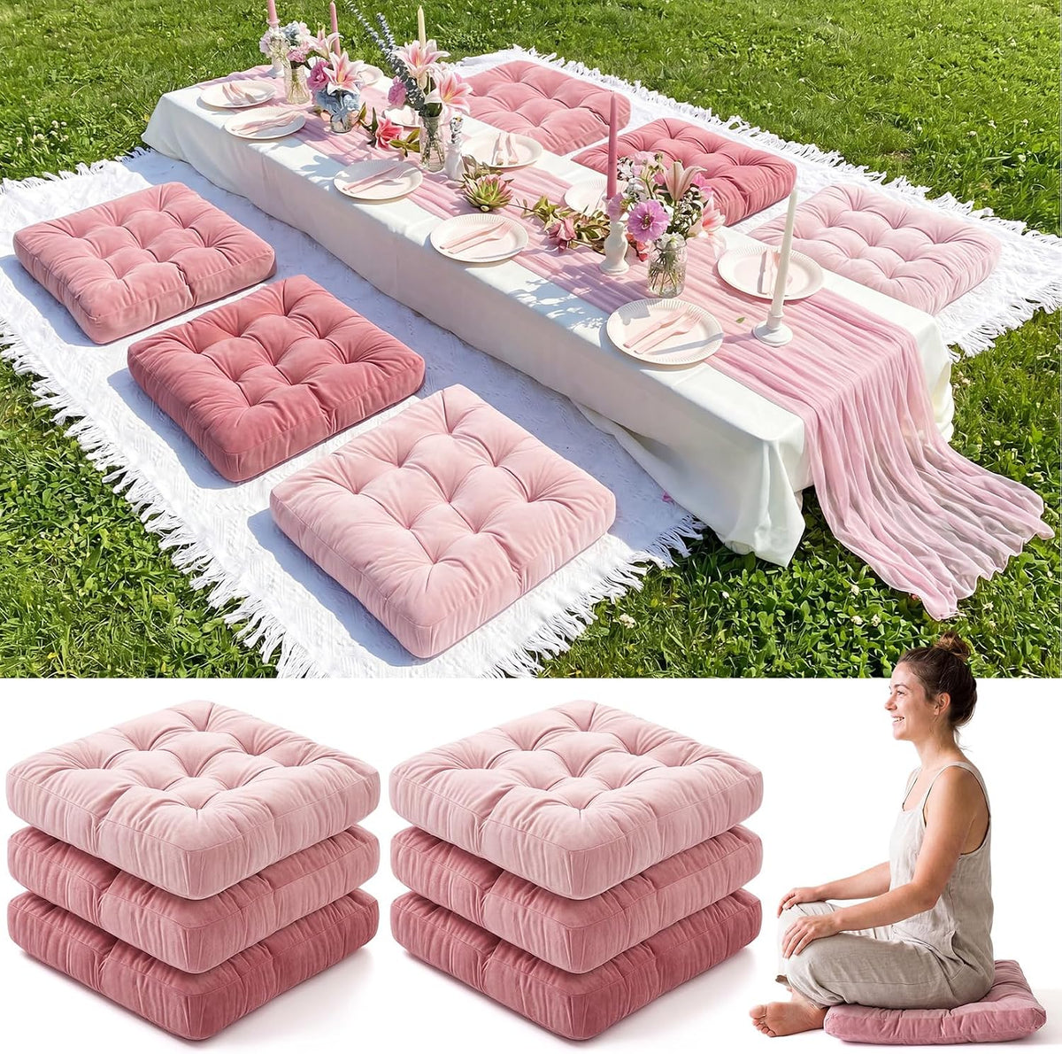 6 Pcs 21 in Pink Extra Large Outdoor Picnic Cushion Meditation Floor Pillow