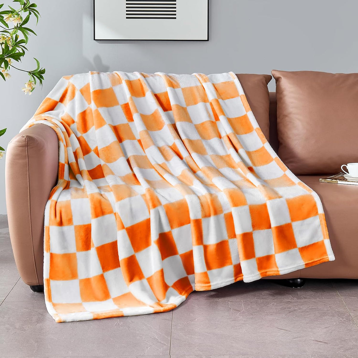 Edenleaf Orange Checkered Fleece Throw Blanket for Couch Warm Home Decor