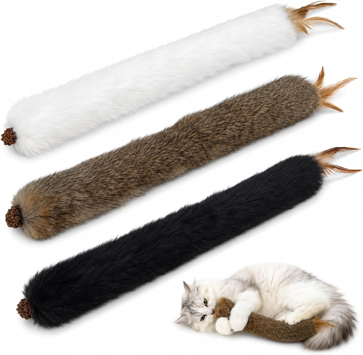 Agape Long Rabbit Fur Cat Toys, 3-Pack with Catnip & Silvervine Gall Fruit