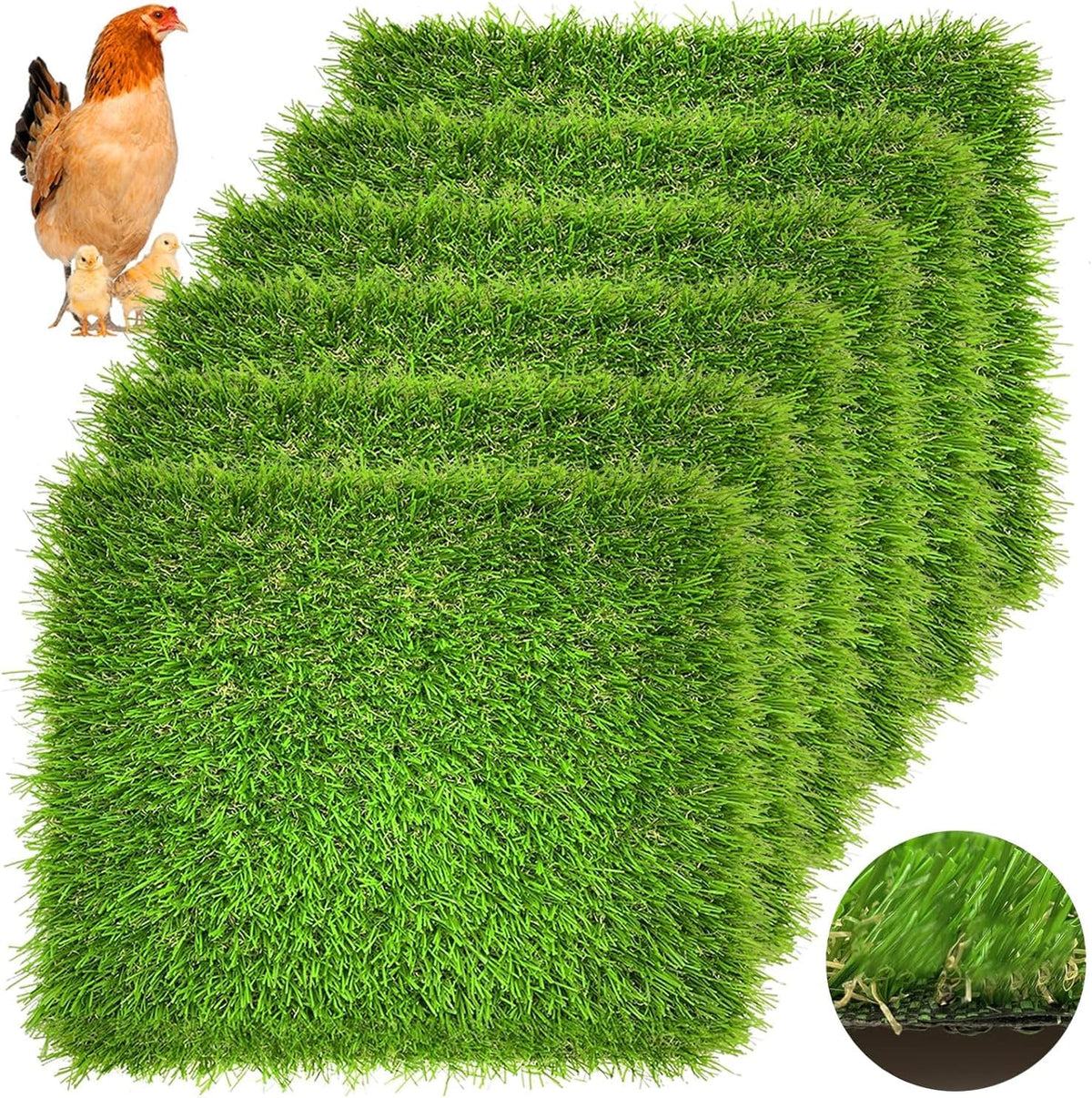 Irieiply 6 Pack 12"X12"X1.2" Chicken Nesting Pads for Laying Eggs, Washable Artificial Grass Carpet Synthetic Turf Mat Nest Box Bedding for Chicken Coop