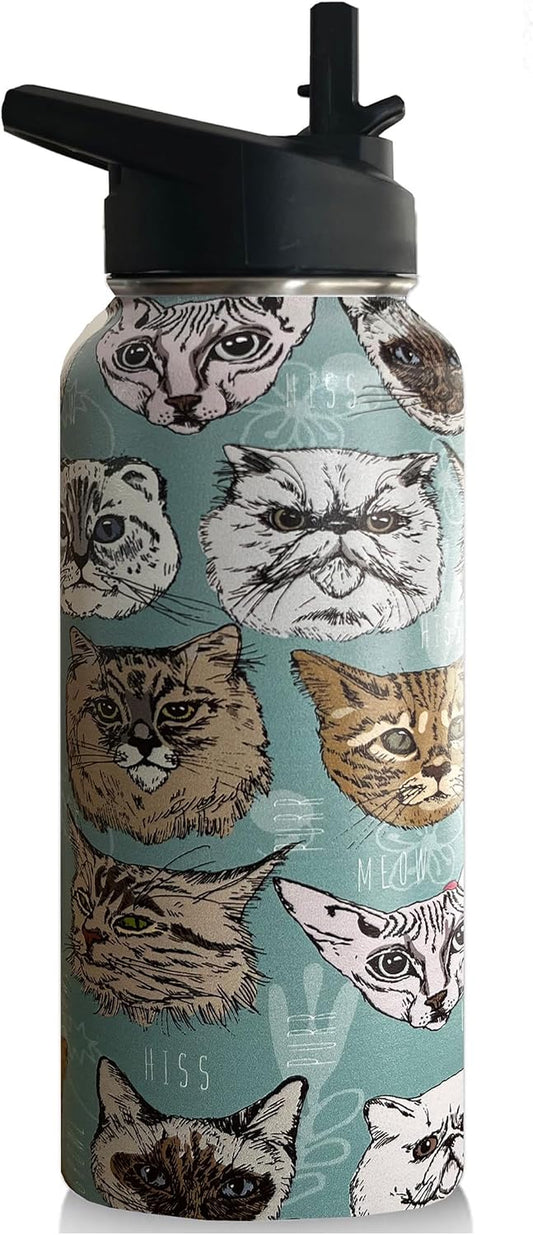 32Oz Cat Water Bottle Insulated Vacuum Stainless Steel Tumbler Travel Mugs with Straw for Gym Camping Hiking