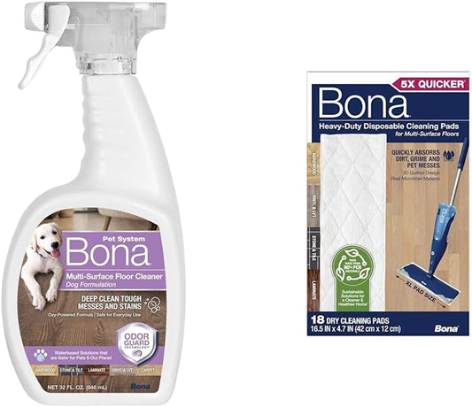 Bundle of Bona Pet System Multi-Surface Floor Cleaner, Dog Formulation 32 Fl Oz + Bona Multi-Surface Floor Cleaning Pads - 18 Refills - Heavy-Duty, Disposable, Microfiber Pads for Easy Floor Cleaning