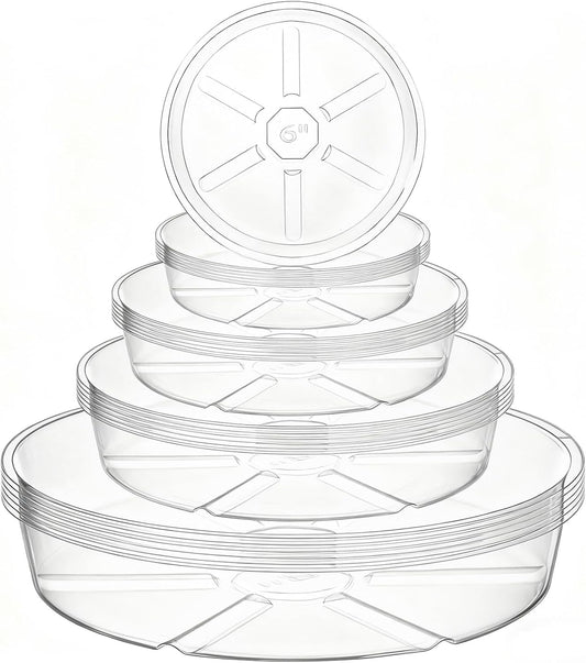 Hacaroa 24 Pack Clear Plant Saucer Drip Trays, 6/8/10/12 Inch Plastic Plant Water Catcher Trays Flower Pot Saucers for Indoor Outdoor Plants, Round, 4 Sizes