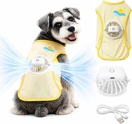 Dog Cooling Vest with Fan, Summer Dog Clothes for Small Medium Dogs, Breathable Mesh Dog Shirt with Detachable 3-Speed Fan, Lightweight Pet Clothes for Hot Weather Walking (Yellow, X-Large)
