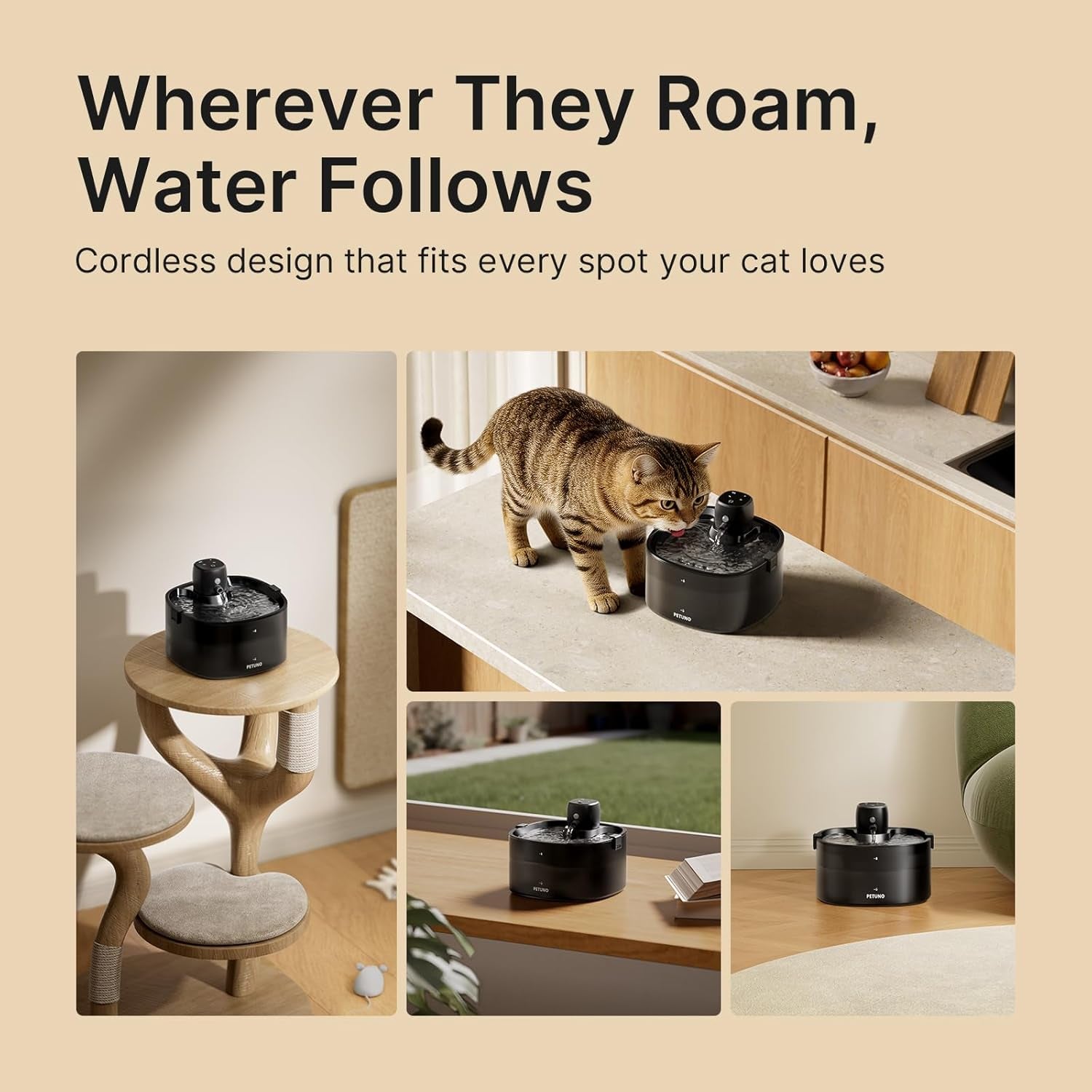 Wireless Cat Water Fountain, Cat Fountain Battery Operated, 78Oz/2.3L Pet Water Fountain Cordless, 4000Mah Rechargeable Automatic Fountain with Motion Sensor, Ultra-Quiet Pump & Locking Lid, Black