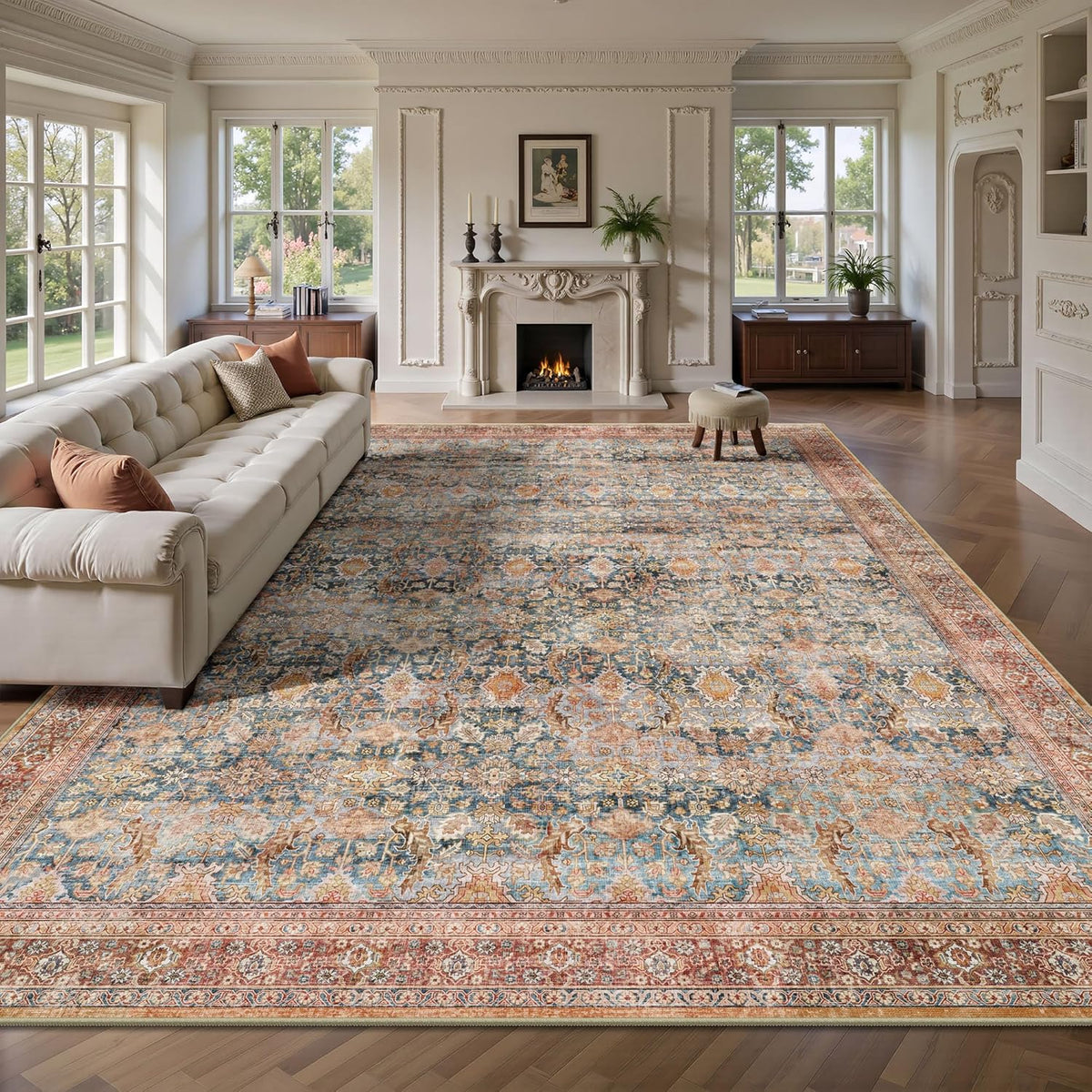 8X10 Area Rugs for Living Room - Washable Vintage Retro Large Rug, Soft Ultra Thin Non Slip Low Pile Traditional Distressed Boho Carpet for Bedroom Dining Room Home Office, Rust Clay