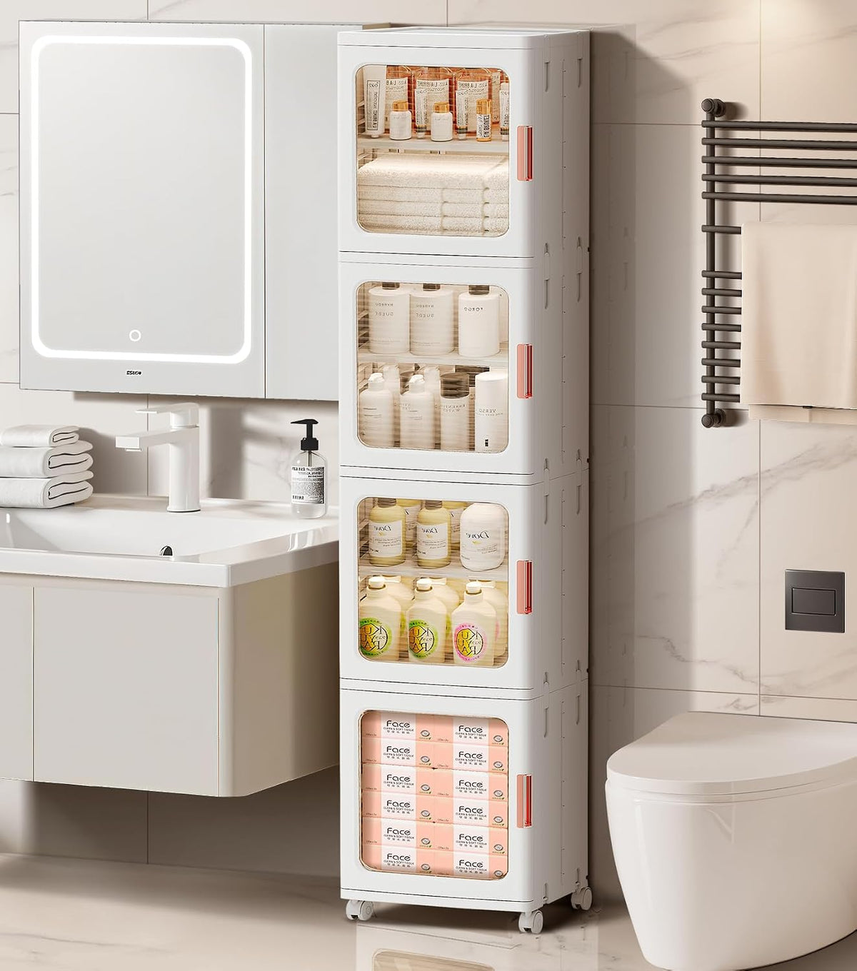 4-Tier Tall Narrow Bathroom Storage Cabinet for Small Space,White