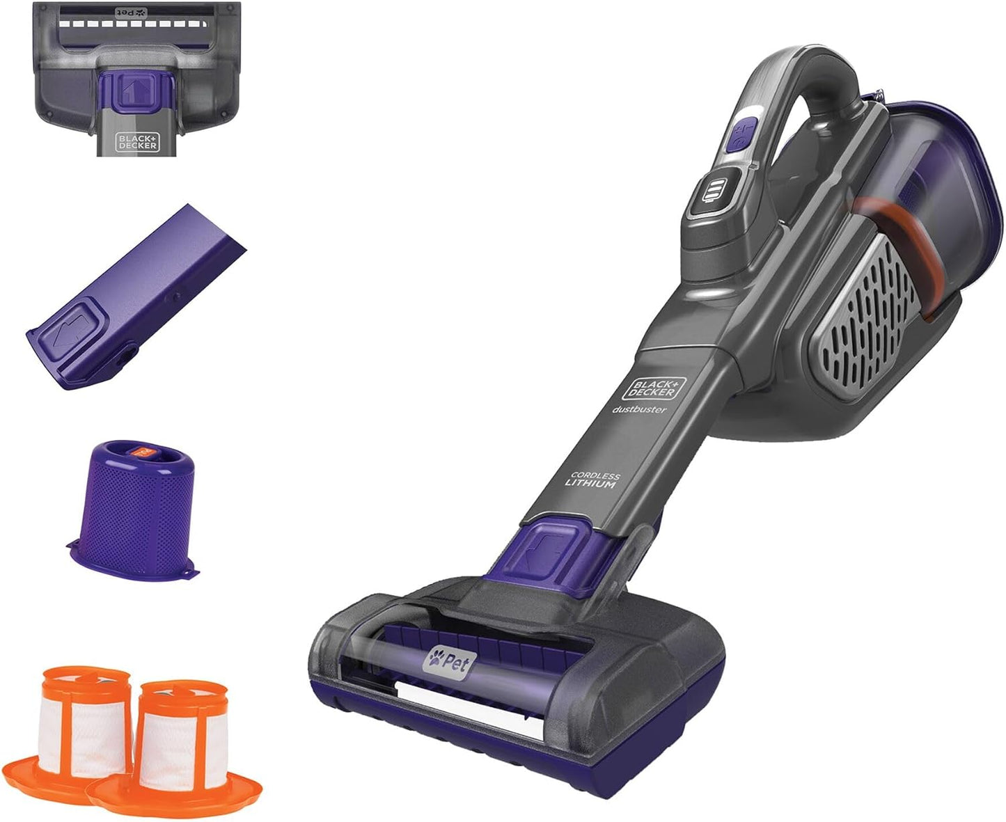 BLACK+DECKER Dustbuster Furbuster Pet Hair Vacuum with Motorized Pet Hair Brush, Handheld Vacuum Cordless for Home and Car, Rechargeable, Portable, Powerful Suction, Advancedclean (HHVK515JP07)
