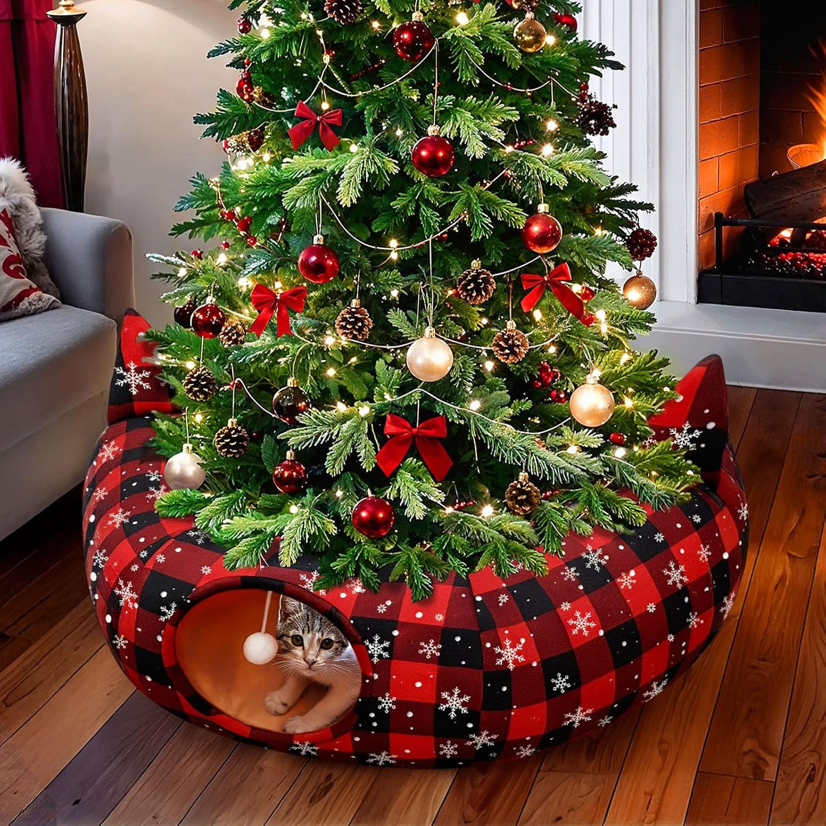 Ourwarm Cat Tunnel Christmas Tree Skirt, Cat Bed for Indoor Cats with Hanging Ball, Buffalo Plaid Tree Collar Cats Cave for Felines Pet Indoor Outdoor Christmas Decorations
