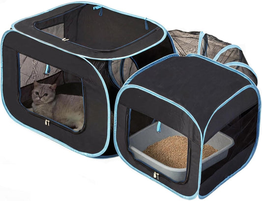 Large Cat Playpen with Surround Tunnel, Outdoor/Indoor Cat Catio with Breathable Soft Sides, Pet Enclosure Cube for Small Animals, Portable Tent with Carry Bag