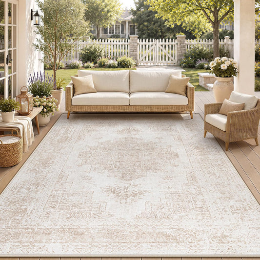 Outdoor Rug 5X8 Area Rugs: Washable Boho Vintage Patio Rug Non-Slip Low Pile Indoor Rug UV & Stain Resistant Outdoor Carpet with Quick-Dry Core for Backyard, Patio, Porch RV, Camping(Beige, 5'X8')