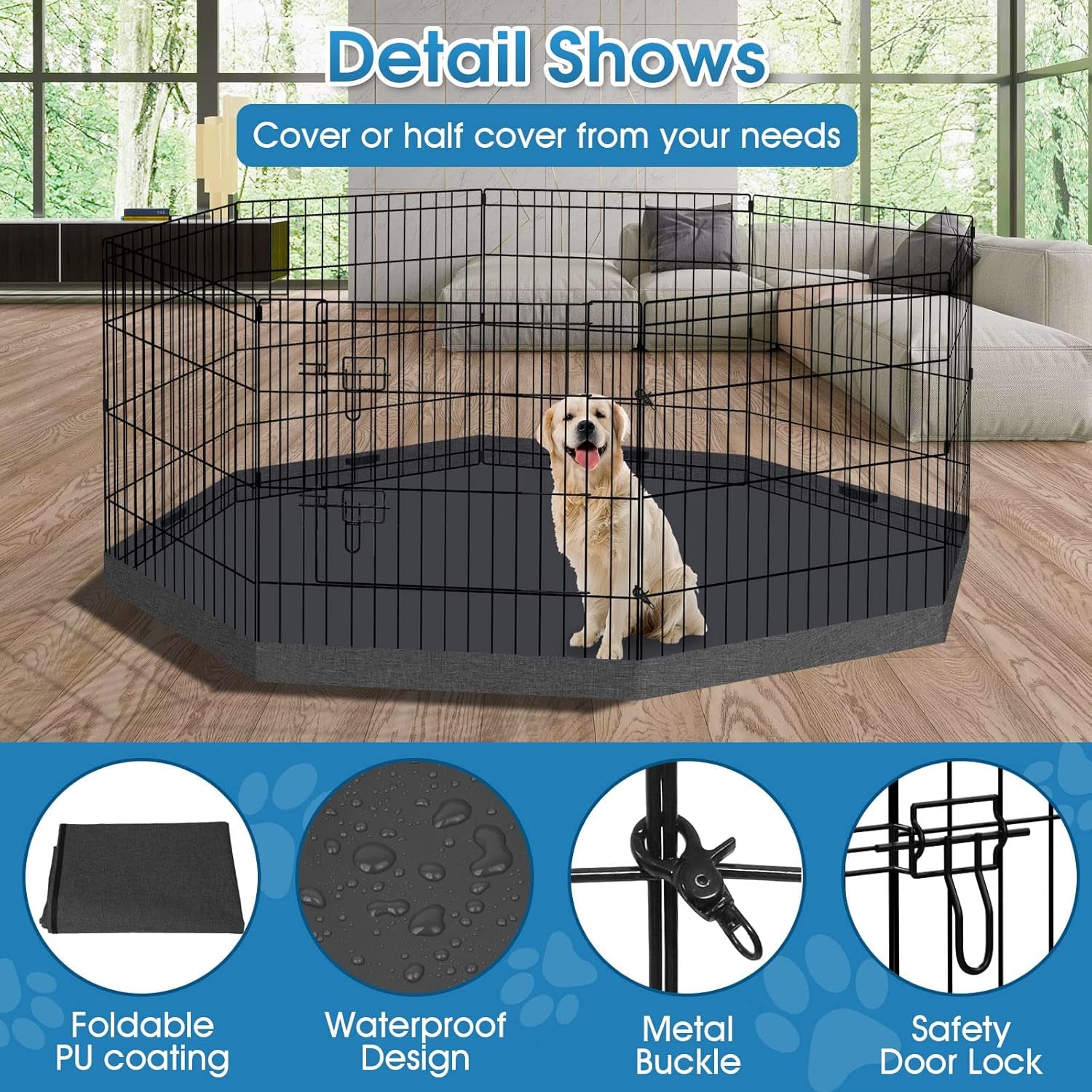 Dog Pen Pet Playpen Dog Fence Indoor Foldable Metal Wire Exercise Puppy Play Yard Pet Enclosure Indoor Outdoor 8 Panels 24 Inch with Bottom Pad/Top Cover (Black with Bottom Pad)
