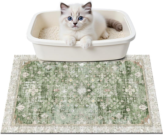 Cat Litter Mat Litter Trapping Mat, 24"X15" Waterproof Urine Proof Litter Box Mat Catcher Mat Non-Slip Washable for Kitty Kitten, Green