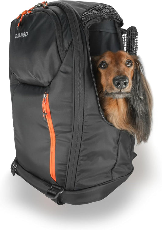DJANGO Dog Carrier Backpack – Pet Backpack for Small Dogs & Cats with Hip Belt, Laptop Pocket & Water Bottle Sleeve – Travel Dog & Cat Carrier for Hiking, Camping & Commuting (Midnight Black)