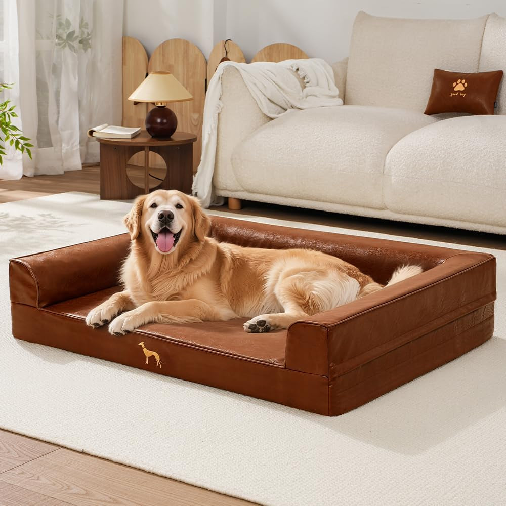 SOMAHE Waterproof Leather Dog Bed, Sofa Bolster, Large 35X28X7 Brown