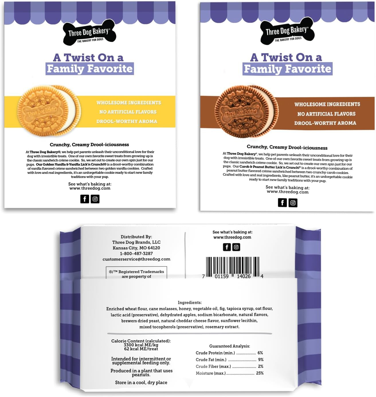 Three Dog Bakery Classic Cookies Variety Pack Dog Treats, Crunchy Baked Dog Cookies, Peanut Butter, Carob, Vanilla, Assorted Flavors, Bulk Dog Treats Made in the USA, 36 Oz (Pack of 3)