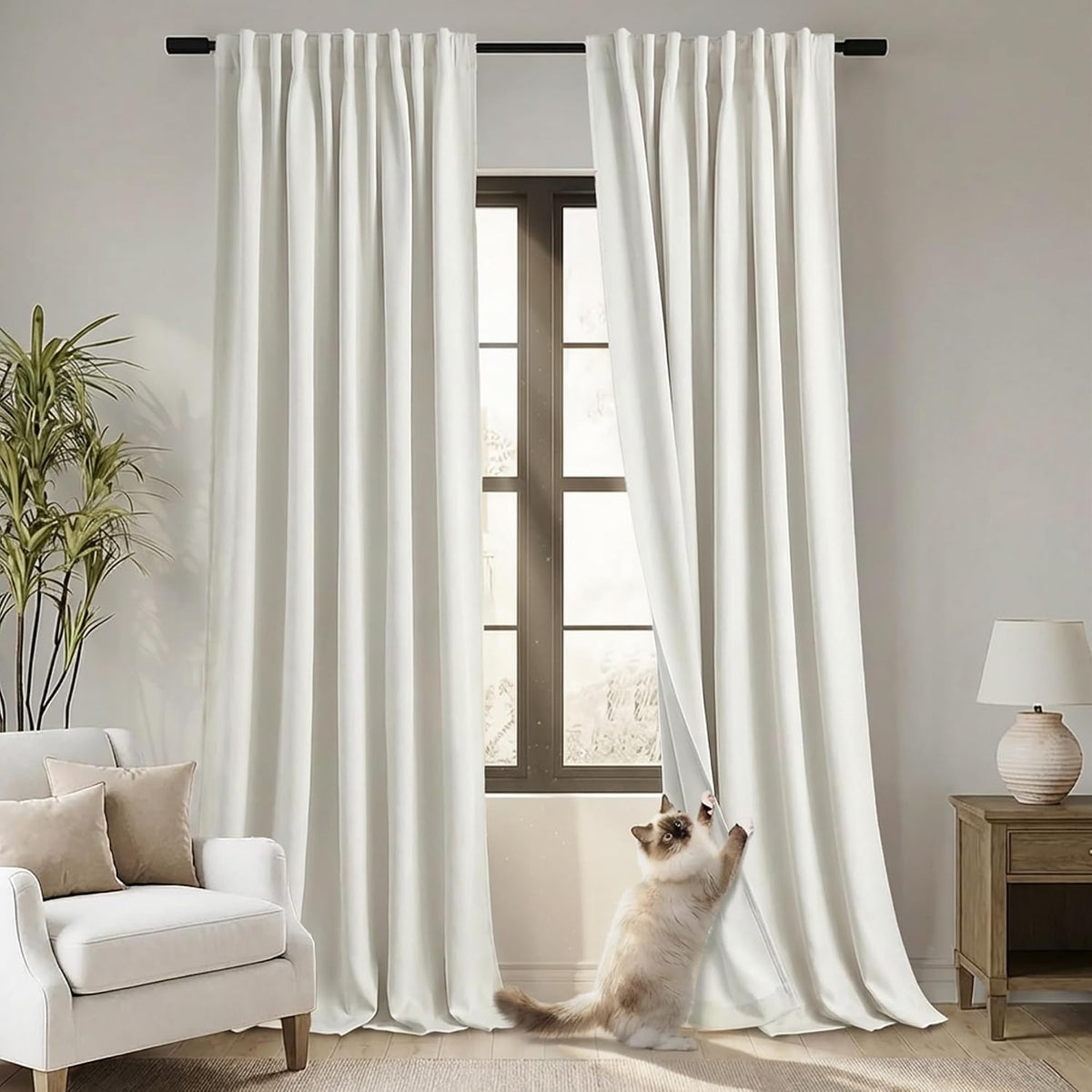 Cream Blackout Cat Proof Curtains for Bedroom, Thermal Insulated Curtains for Summer Heat, Back Tab Pleated Faux Linen Black Out Drapes 84 Inches Long 2 Panels Set for Living Room, Natural Ivory