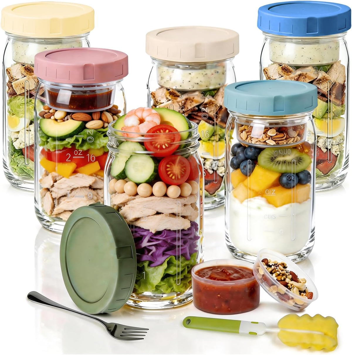 6 Pack Glass Salad Jars with Dressing Cups for Meal Prep, 32Oz Leakproof Mason Jars Container with 2 Built-In Compartments for Wet/Dry Separation, Portable Salad Pod for Lunch (6)