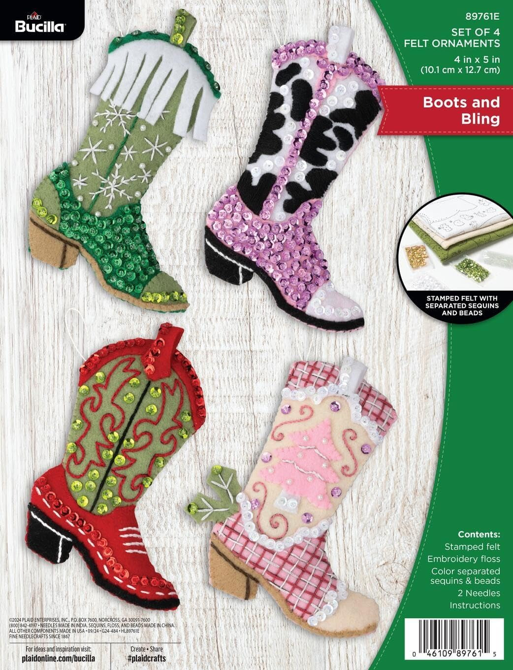 Bucilla Felt Applique 4 Piece Ornament Making Kit, Boots and Bling, Perfect for DIY Arts and Crafts