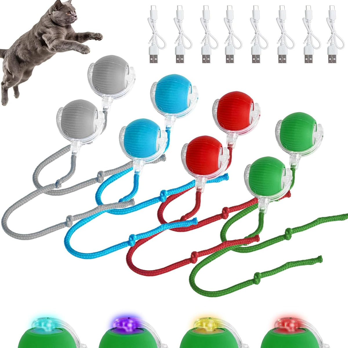 8 Pcs Interactive Cat Ball Toy Rechargeable 360° Automatic Exercise Electric Self Rolling Toy New Interactive Rolling Ball Cat Dog Gifts for Small and Large Puppy Kitten Christmas Indoor