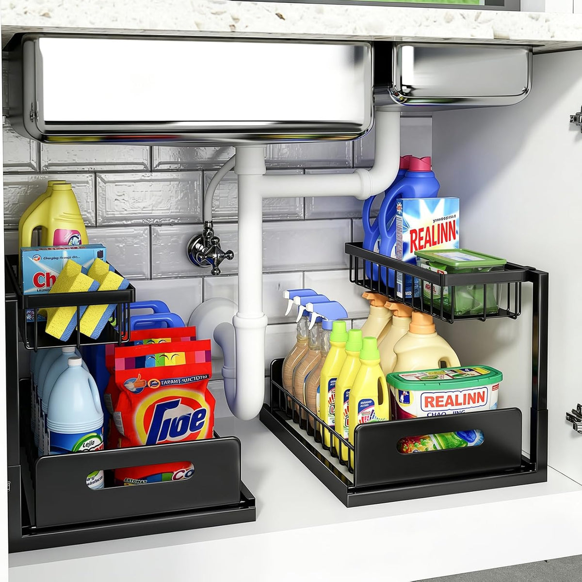 REALINN under Sink Organizer, L-Shaped 2 Tier Pull Out Cabinet Organizer