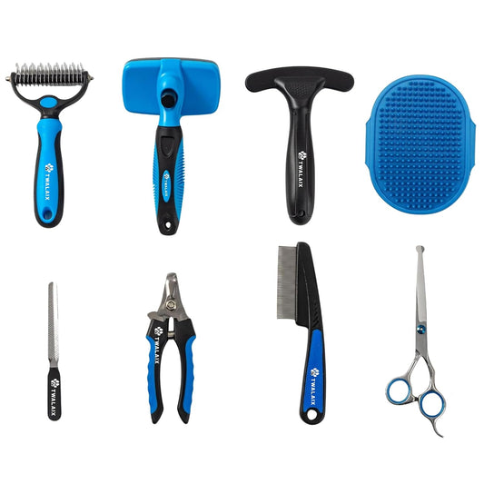 8-In-1 Dog Grooming Kit, Pet Grooming Kit for Dogs & Cats, Professional Cat Brush Set with Slicker Brush, Undercoat Rake, Flea Comb, Nail Clipper, Scissors & Bath Brush