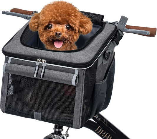 Dog Bike Basket, Soft-Sided Dog Bike Carrier with 4 Mesh Windows for Small Dog Cat Puppies - Grey
