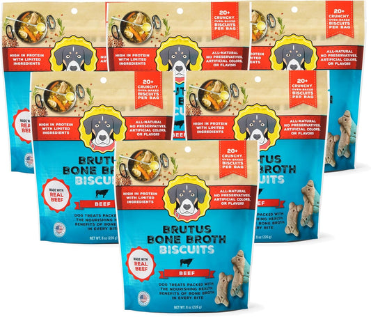 Brutus Bone Broth Biscuits for Dogs - Protein-Rich Dog Treats with Bone Broth and Real Beef - All Natural and Tasty - 8Oz, Pack of 6, Beef Flavor