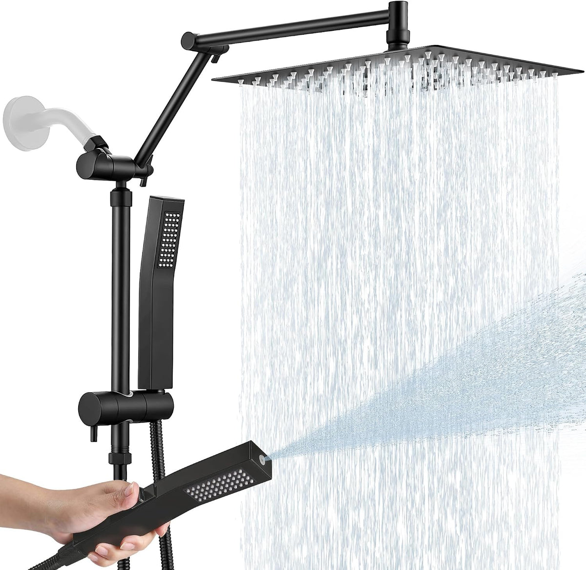 All Metal 12 Inch Rain Shower Head with Handheld Spray Combo, High Pressure Waterfall Rainfall Square Shower Heads with 16" Adjustable Extension Arm, Dual Showerhead with 3-Way Diverter, Matte Black
