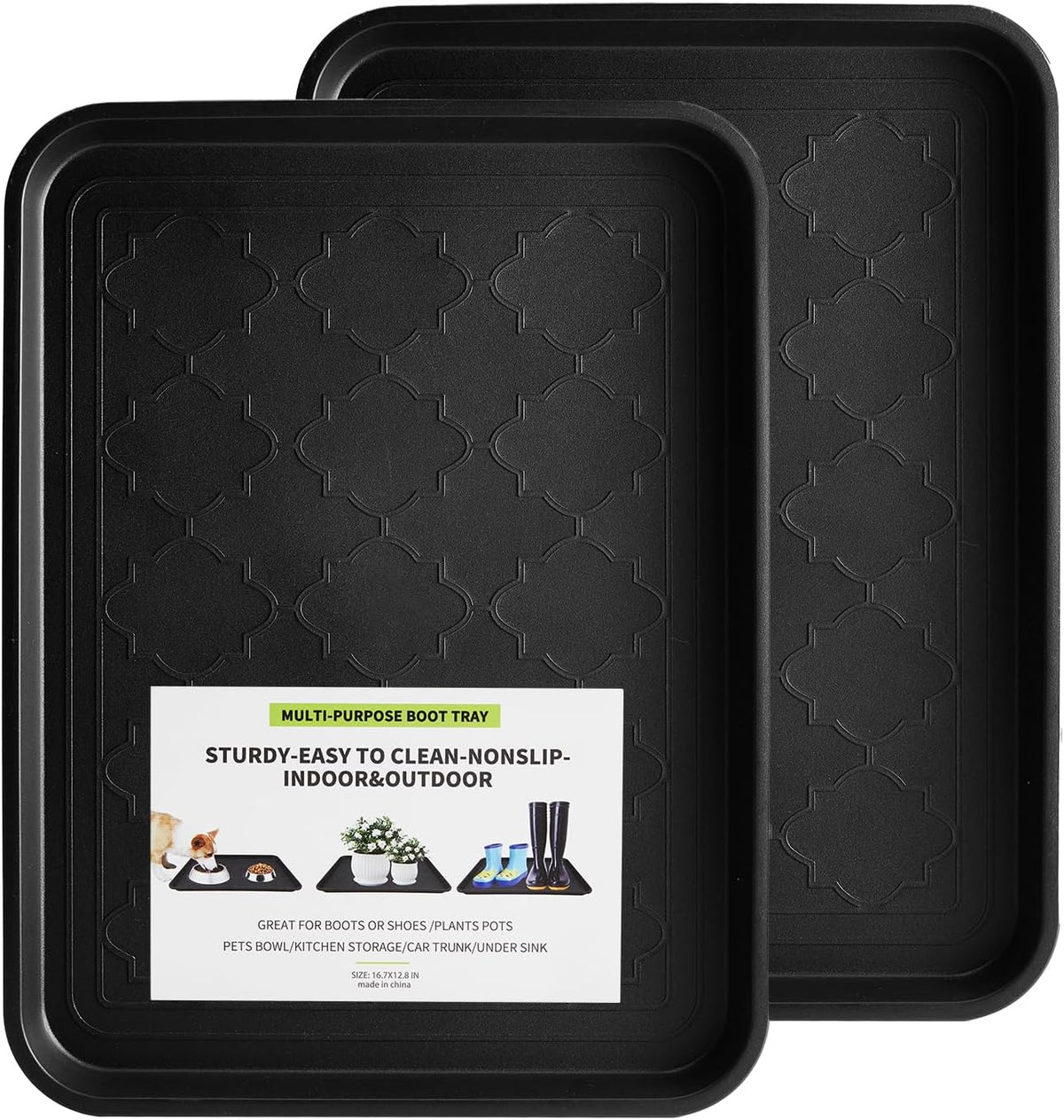Boot Tray 2 Packs All Seasons Multi-Purpose, Waterproof Boot Trays for Entryway Indoor & Outdoor, Non-Slip Shoe Tray, 16.7"X12.8",Black