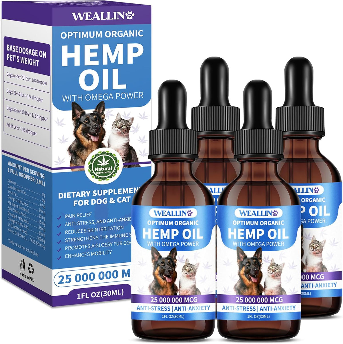 Hemp Oil for Dogs and Cats, Calming Drops, Omega 3-6-9, 4 Fl Oz, 4 Pack