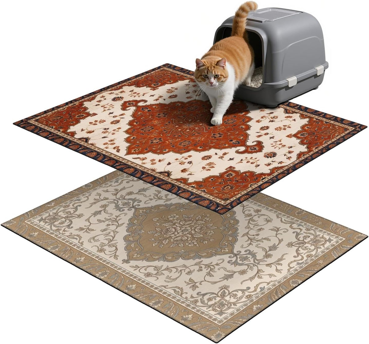 Cat Litter Mat 28" X 36" Pack of 2 - Persian Vintage Rug Design, Non-Slip Backing Litter Box Mats, Washable Litter Trapper Mat for Pets, Cat Food Mat Kitty Supplies Essentials Easy to Clean