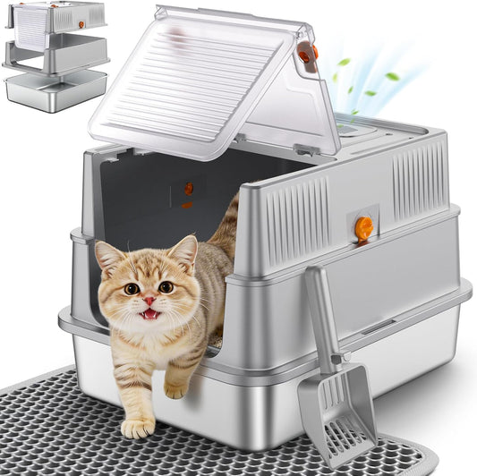 URPOWER Small Stainless Steel Cat Litter Box with Lid for Kittens