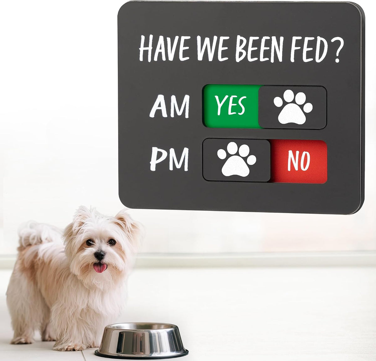 Dog Feeding Reminder Sign with Magnet, Pet Feed Tracker with Have We Been Fed, Acrylic Dog Paw Slider Sign for Fridge, AM PM Feed Sign with Yes No Option, Black with 2 Stickers, 4.7" X 3.9"
