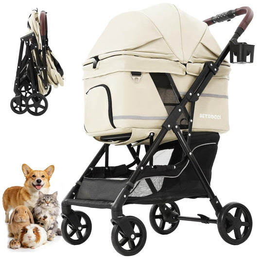 Dog Stroller with No-Zip Buckle Canopy, Fits 2 Small Cats or 1 Medium Pet,44 Lbs Capacity One-Hand Fold,Lockable Front Wheels, Rear Brake
