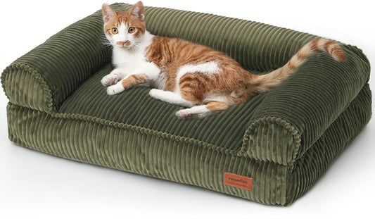 FUKUMARU Dog Couch Bed, Corduroy Cozy Cat Bed for Indoor Cats with Washable Cover, 28In Waterproof Orthopedic Dog Beds Sofa for Small Dogs and Large Cats, Cute Warm Cotton Pet Sofa, Green