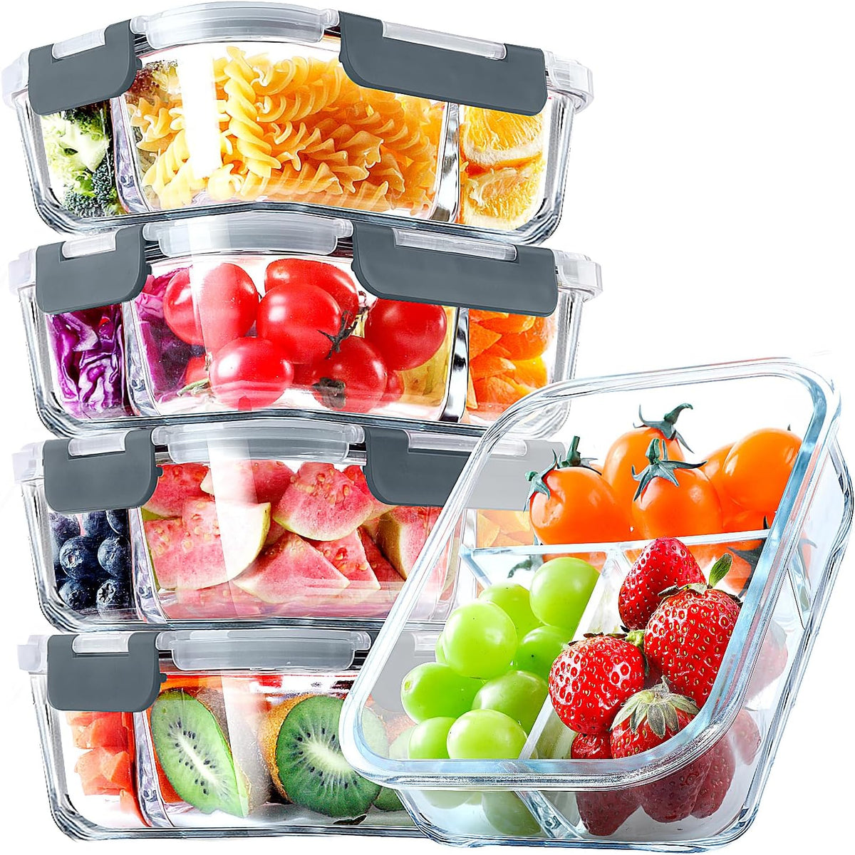 VERONES 5 PACK 36 OZ Glass Food Storage Containers 3 Compartment Set, Grey