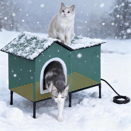 Heated Cat House for Indoor/Outdoor Use, Elevated/Insulated Feral Cat House, Heated Cat Bed with Pets Heating Pad, Warm House for outside Stray Cats (Green,Large)