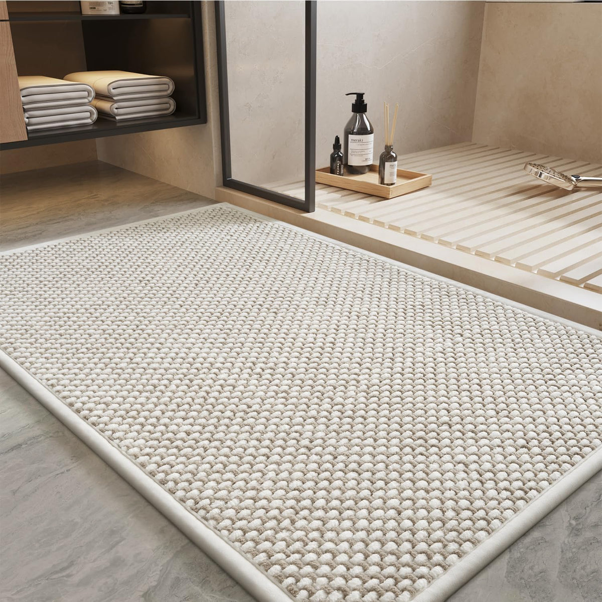 Padoor-Bath Mat-Super Absorbent Chenille Bathroom Mats-Rubber Backed Bath Mats for Bathroom Non Slip, Easy Clean Bathroom Rugs Front of Bathtub,Shower Room,Sink-17×28, Beige&Cream