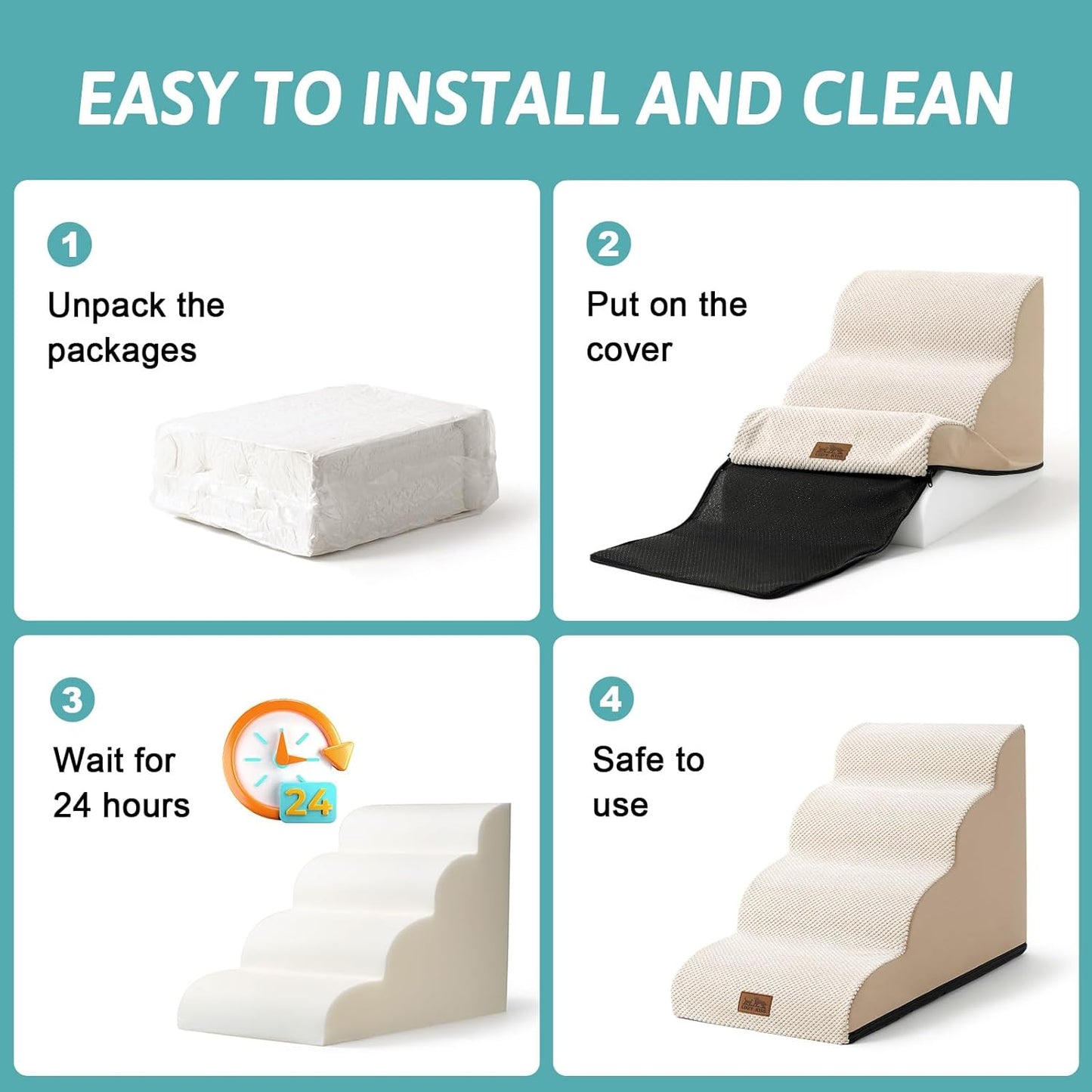 COZY KISS Dog Stairs for Small Dogs 15.7" H, Curved Dog Step for Puppy, Older Cat, Medium Pet Ramp for Sofa, Couch or Chair, Ladder with High Density Foam, 3 Step, 15.7X22.4X15.7 Inch, Beige