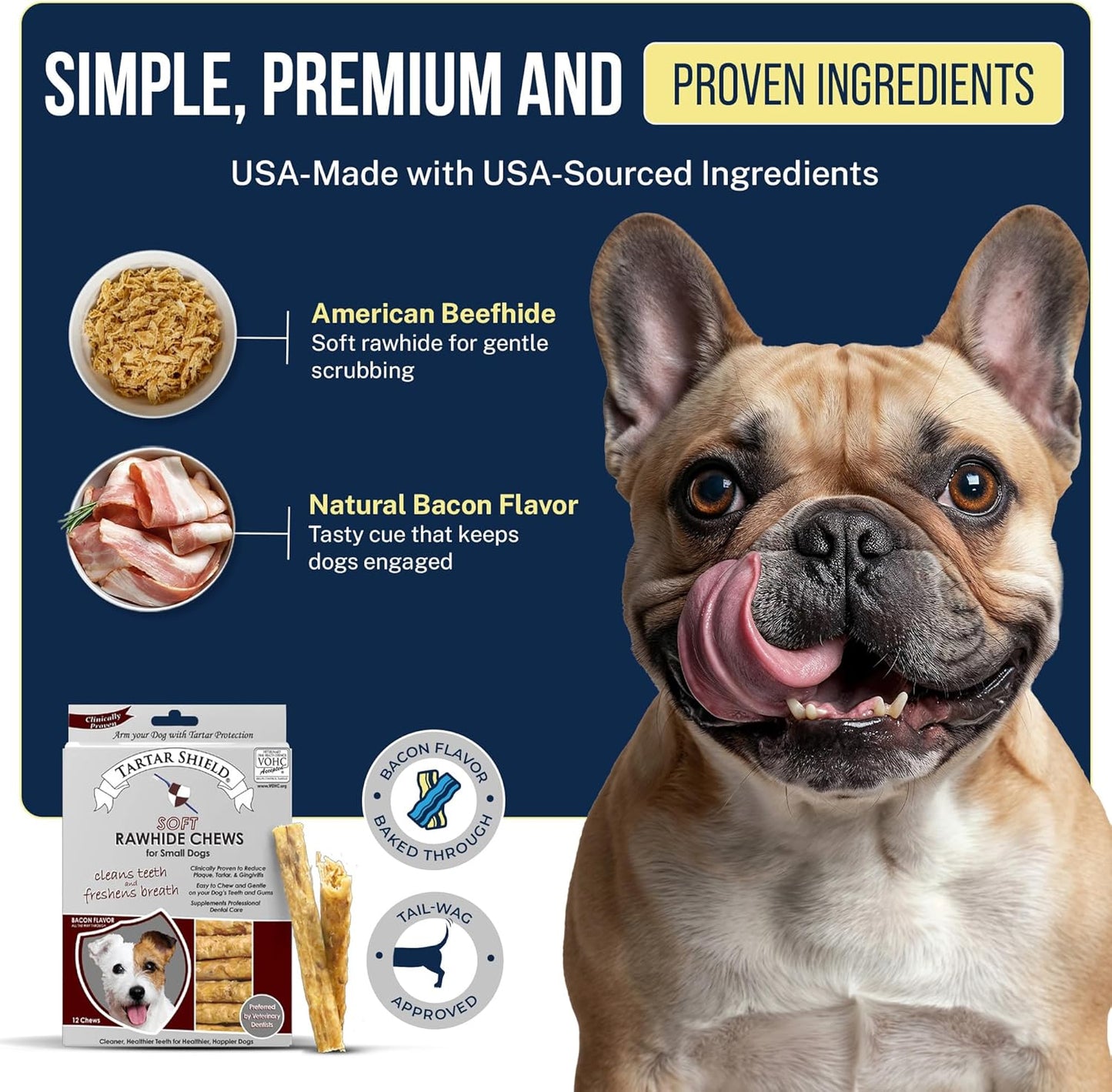 Tartar Shield® Soft Rawhide Dental Chews for Small Dogs | VOHC Accepted | Reduces Tartar, Controls Plaque & Freshens Breath | Vet Recommended | Bacon Flavor | USA Made | 12 Count