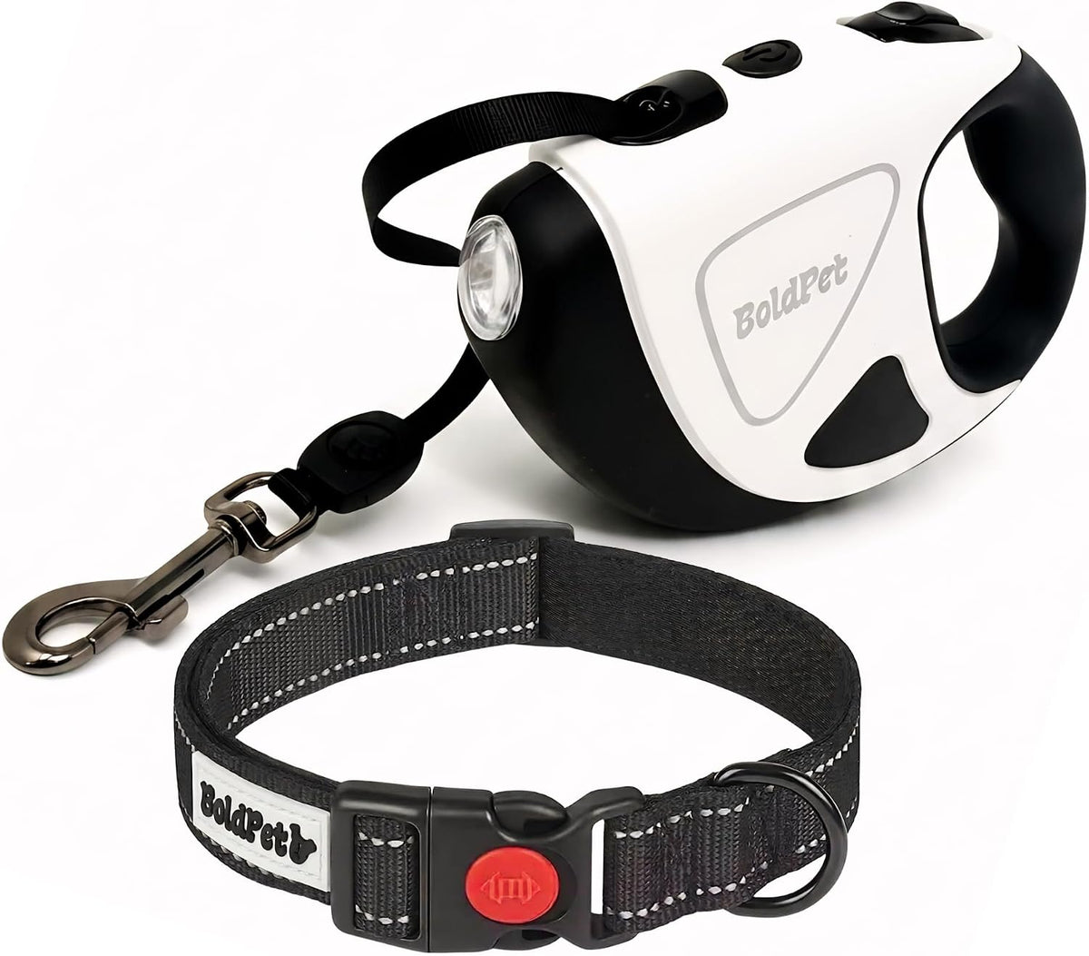 Retractable Dog Leash with LED Flashlight (2 AAA Batteries Incl) & Reflective Padded Dog Collar -10Ft Tangle-Free Heavy Duty Leash Set for Night Walking Safety-Puppy Essentials (Up to 44Lbs)