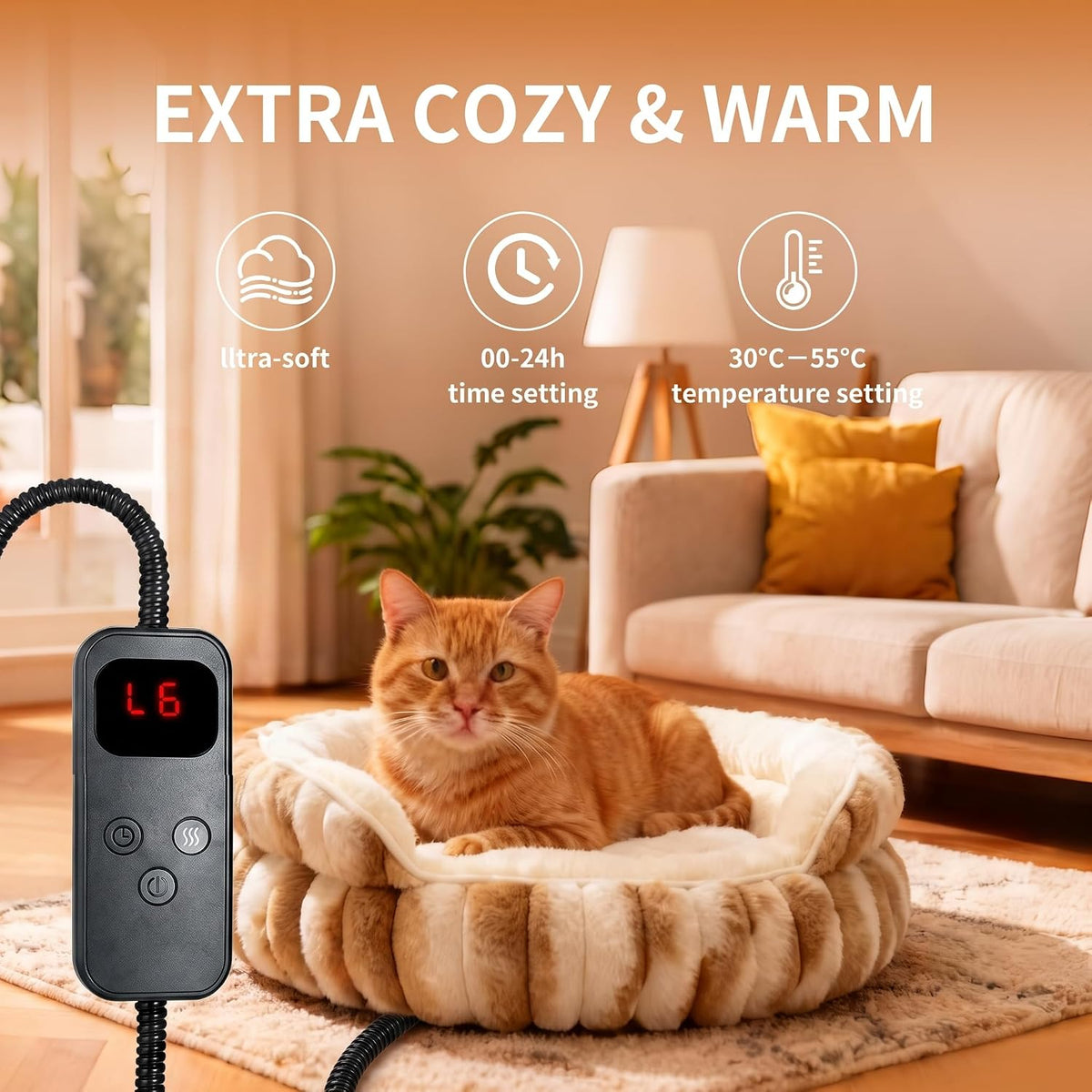 Cat Heated Bed, Electric Washable Pet Bed for Indoor Cats Small Dogs, Anti-Bite & Waterproof Design Deep Sleep Calming Thermal Bed with Adjustable Heating Pad,51×51×17Cm