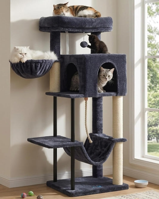 Gitelsnour Cat Tree, Cat Tower for Indoor Cats, 43.3 Inch Cat Tree Tower with Sturdy Steel Tube, Hammock, Cat Condo for Small Cats and Kittens, Scratching Post, Smoky Gray GCT004SG