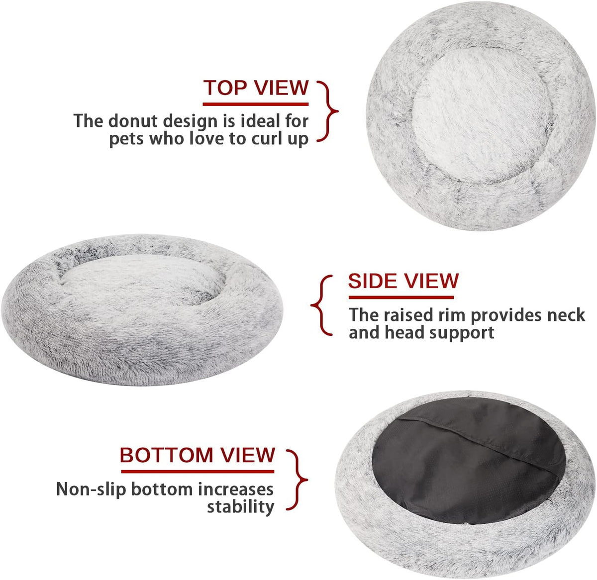 Bedfolks Calming Fluffy Donut Dog Bed for Large Dogs,Dark Grey, 36" Round