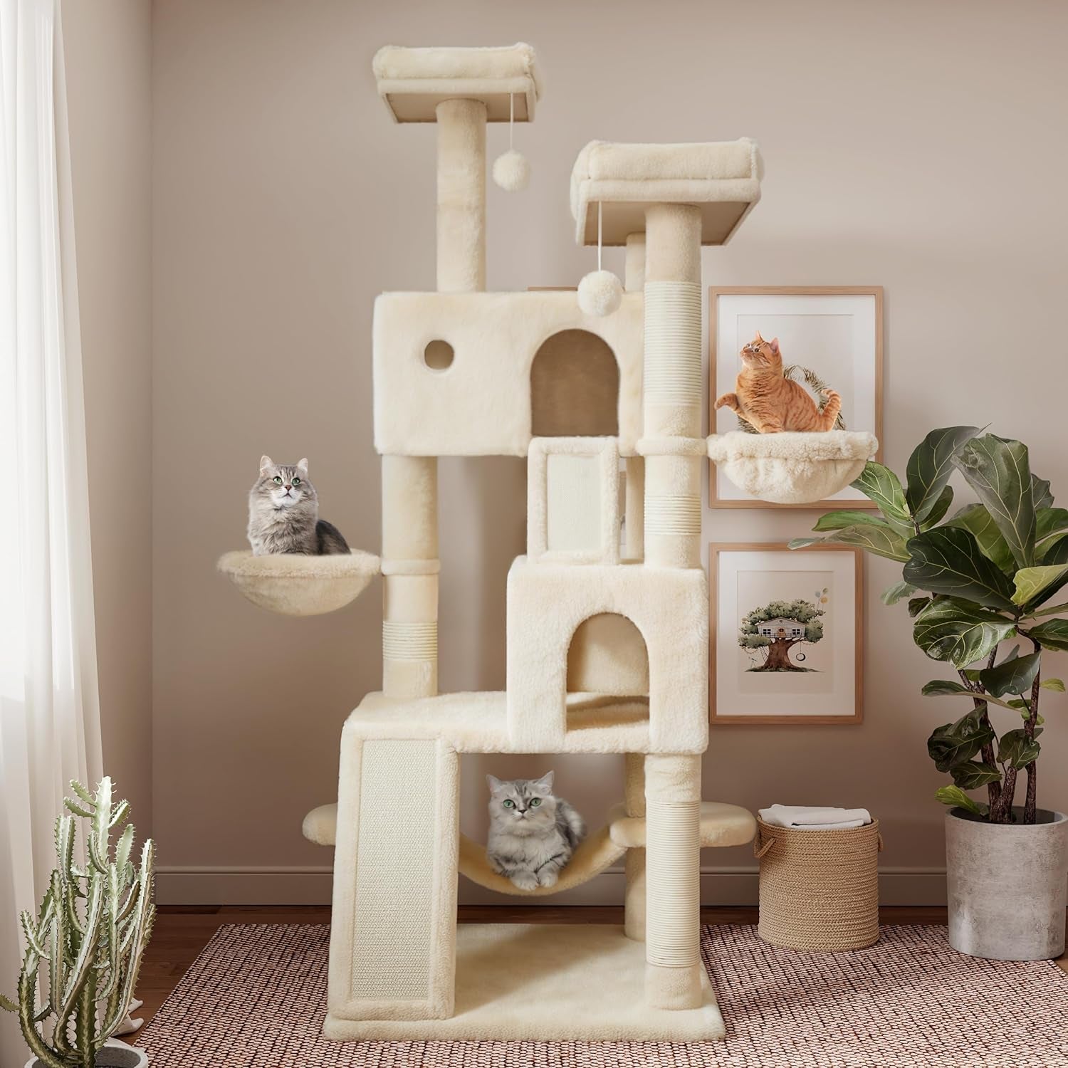 SHA CERLIN 65In Larger Cat Tree Tower Condo for Indoor Kitties/Multi-Level Furniture Activity Center with Wide Base/Cozy Plush Cat Perches/Baskets/Sisal Scratching Posts and Hammock/Beige