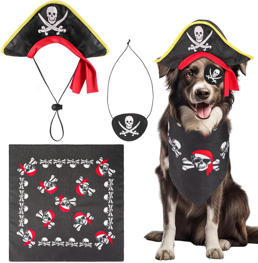 QKURT 3PCS Dog Pirate Costume, Pet Captain Hat Dog Pirate Skull Triangle Bandana Eye Mask Pet Dress up Kit for Halloween Christmas Cosplay Funny Role Play Party
